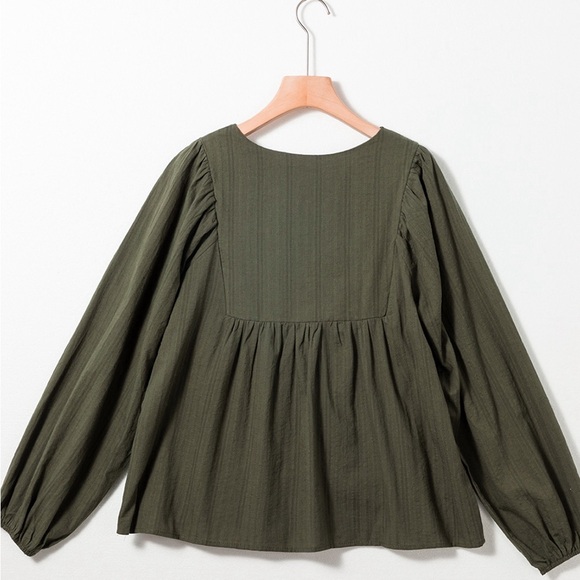 Green Embroidered Split Neck Pleated Loose Blouse Bohemian Top - Picture 11 of 15
